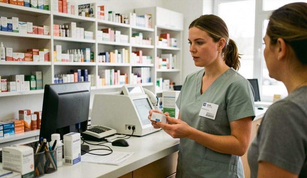 Een apothekersassistente overlegt aan de balie met een klant terwijl ze een doosje in haar hand houdt.