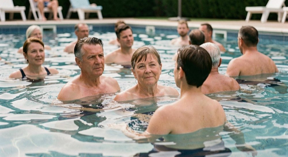 Een groep volwassenen doet rustige oefeningen in een zwembad, tot de schouders in het water.
