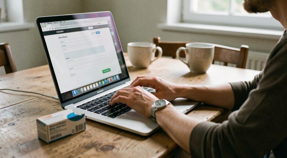 Iemand vult achter een laptop een webformulier in aan de eettafel, met een medicijndoosje ernaast.