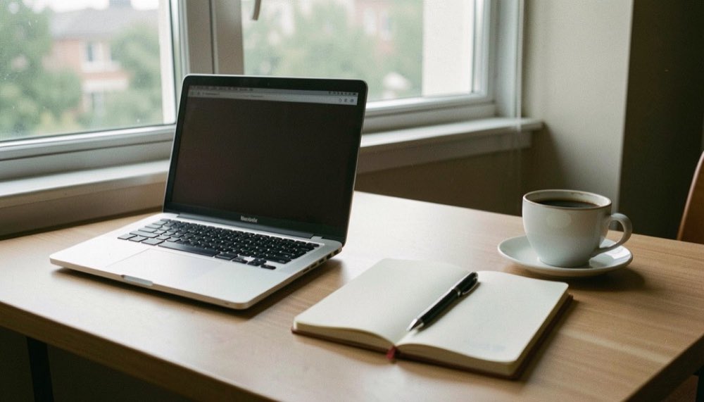 Een laptop en een notitieblok op een bureau bij een raam, met daarnaast een kop koffie en een pen.