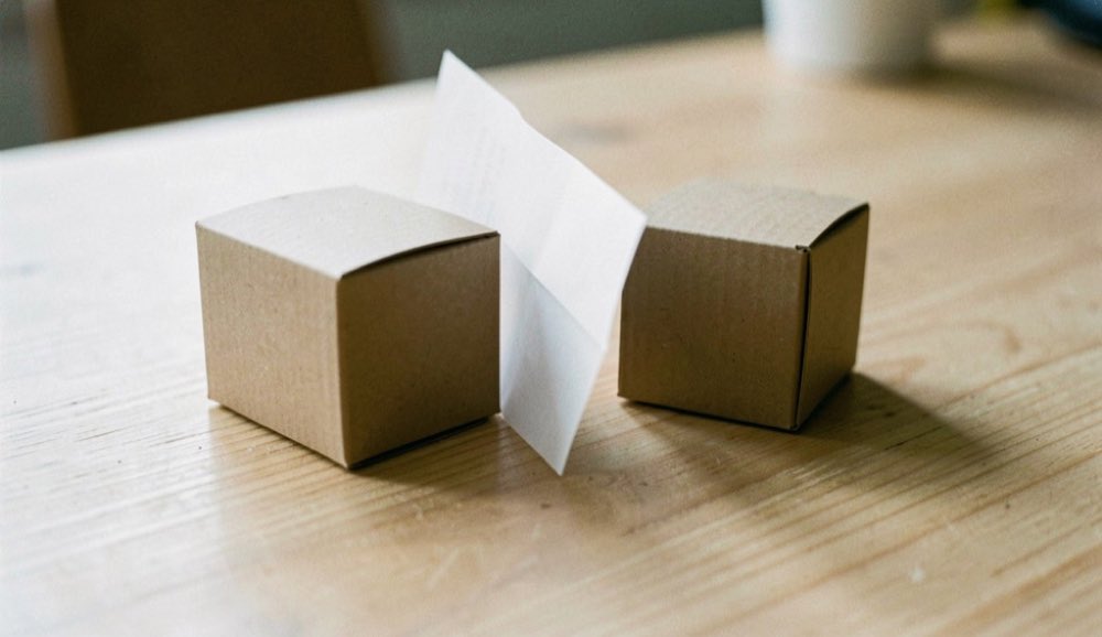 Twee kleine kartonnen doosjes staan naast elkaar op een lichte houten tafel, met een opgevouwen vel dun papier ertussen.