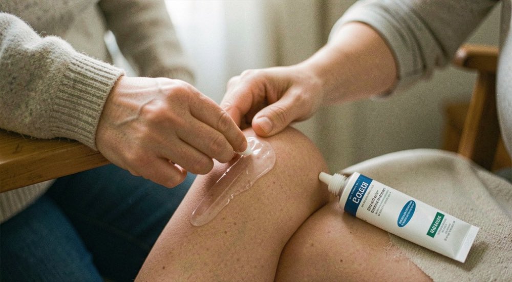 Een hand smeert een doorzichtige gel uit op een knie, met de tube naast zich op de armleuning van een stoel.