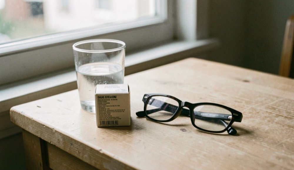 Een bijsluiter, een glas water en een leesbril liggen naast elkaar op een lichte houten tafel bij het raam.