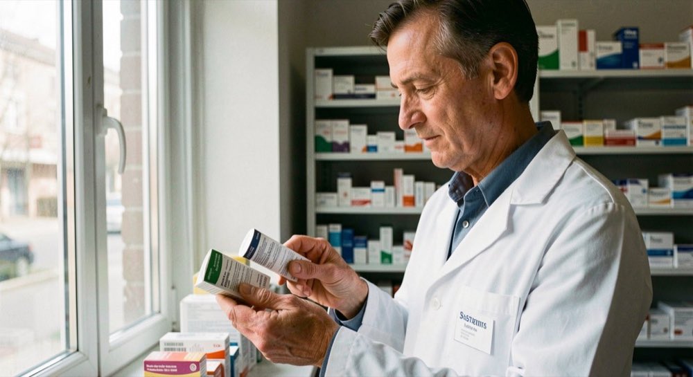 Een apotheker leest een etiket bij het licht van een raam terwijl achter hem laden met medicijnen staan.