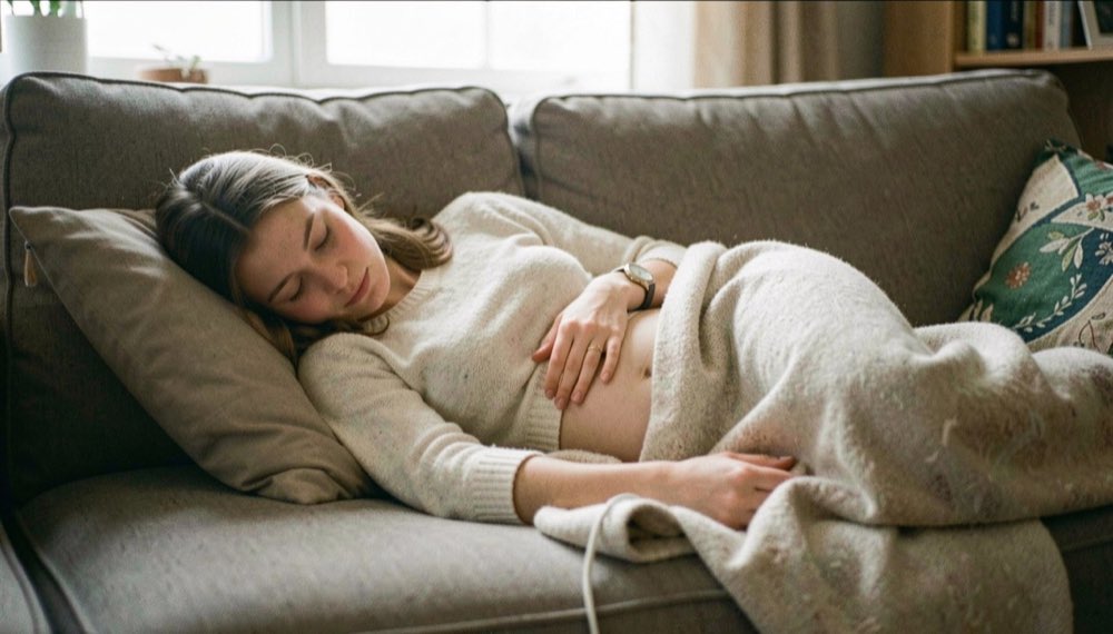 Een jonge vrouw ligt opgekruld op de bank met een warmtekruik tegen haar buik en een deken over zich heen.