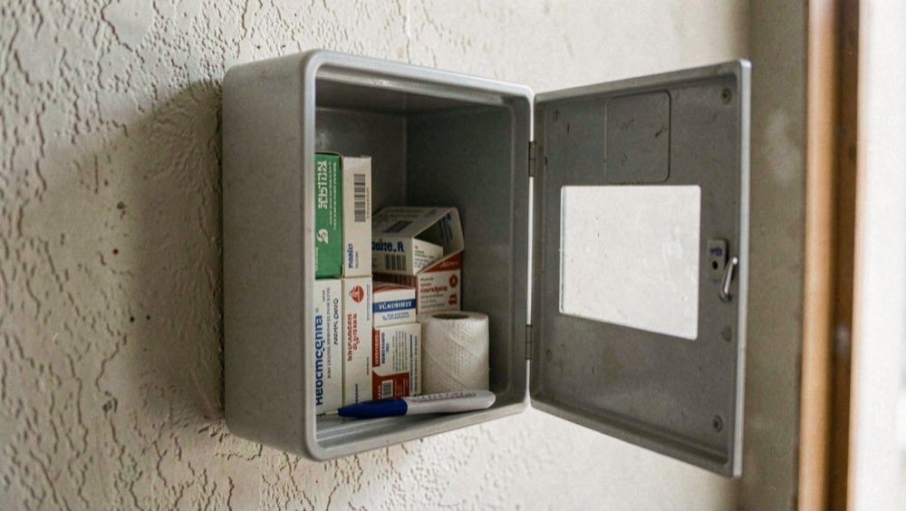 Een medicijnkastje aan de muur staat open en toont een paar doosjes, een thermometer en een verbandrol.