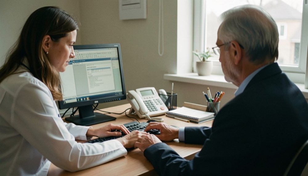 Een huisarts typt een recept in de computer terwijl een patient aan de andere kant van het bureau wacht.