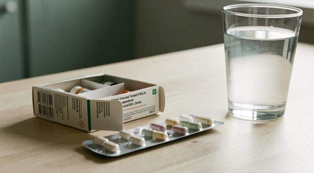 Een geopende bijsluiter en een doosje medicijnen op een lichte keukentafel, met een glas water ernaast.