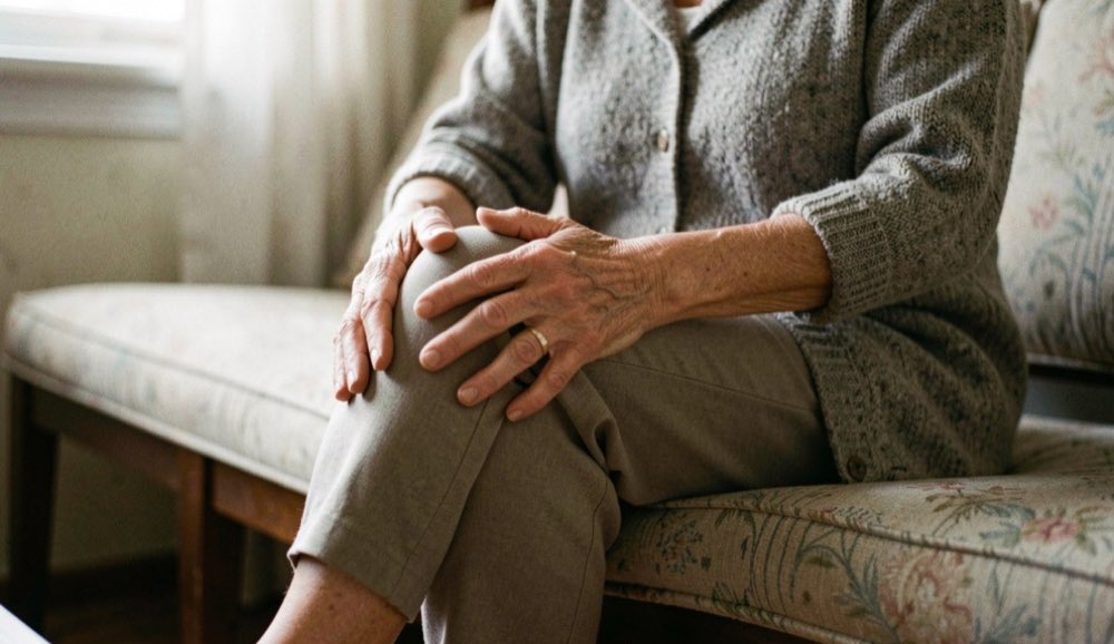 Een oudere vrouw wrijft met beide handen over haar knie terwijl ze op de rand van een bank zit.
