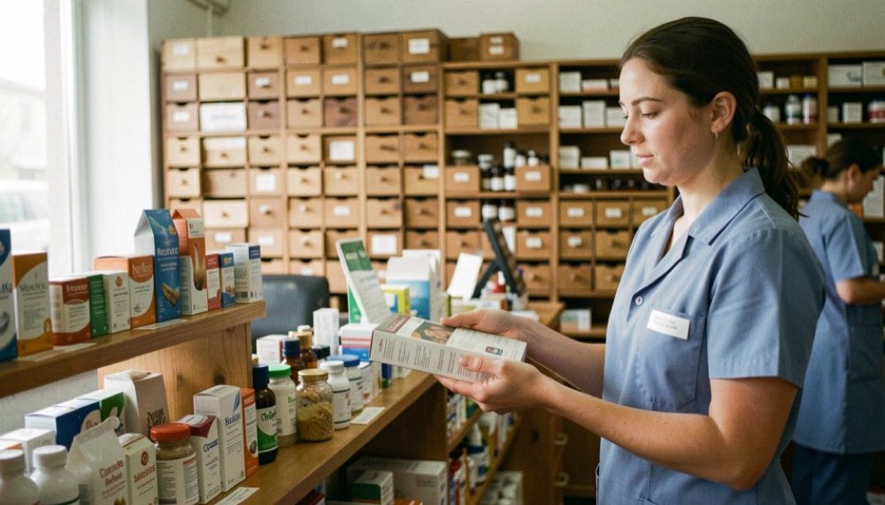 Een apothekersbalie met houten laden op de achtergrond en een assistente die een doosje aanreikt.