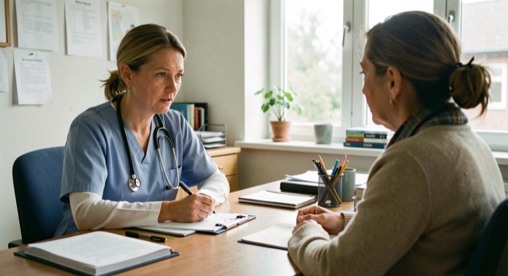 Een huisarts in een spreekkamer maakt aantekeningen terwijl een patient tegenover haar zit te praten.