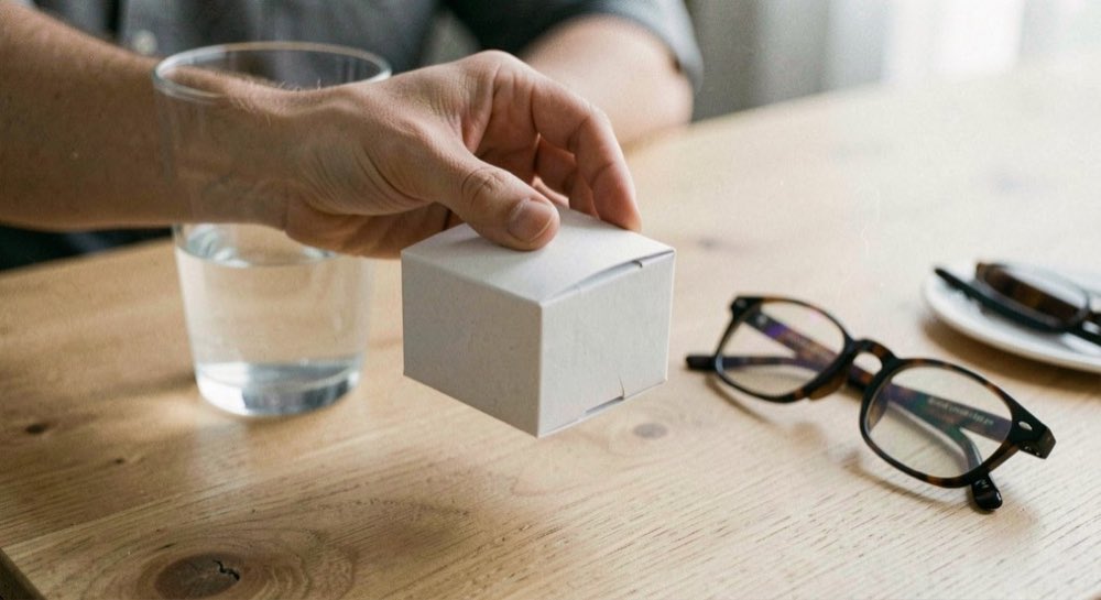 Een hand houdt een klein wit kartonnen doosje vast boven een lichte houten tafel, met een glas water en een leesbril ernaast.