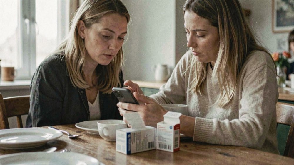 Een vrouw zit met haar telefoon aan de eettafel en kijkt naar een medicijndoosje dat voor haar ligt.