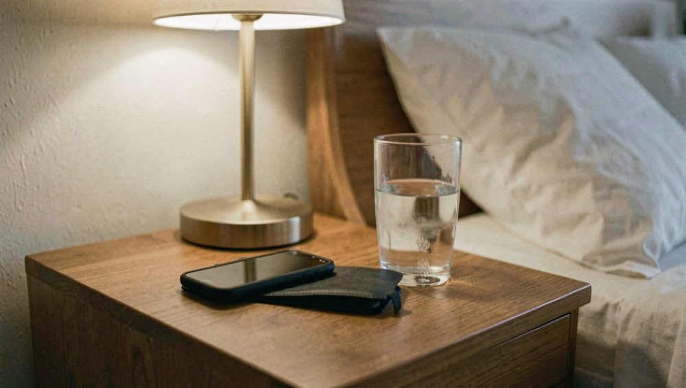 Een telefoon ligt naast een glas water op een nachtkastje, met het licht van een schemerlamp erboven.