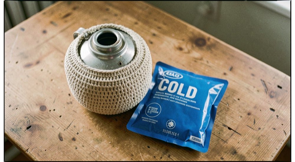 Een warmwaterkruik met gebreide hoes en een blauw coldpack liggen naast elkaar op een houten tafel.