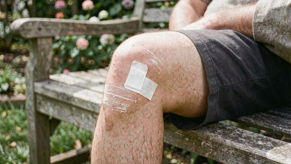 Een geschaafde knie met een pleister erop, gefotografeerd bij daglicht op een tuinbank.
